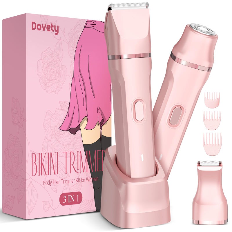 Dovety مقص البيكيني للنساء، دوفتي 3 في 1 ماكينة حلاقة كهربائية خالية من الألم للنساء، ماكينة حلاقة شعر العانة القابلة لإعادة الشحن، ماكينة حلاقة كهربائية للساقين والجسم والشعر الوجه، مقاومة للماء IPX7، شفرة سيراميك، قاعدة شحن USB - Image 1
