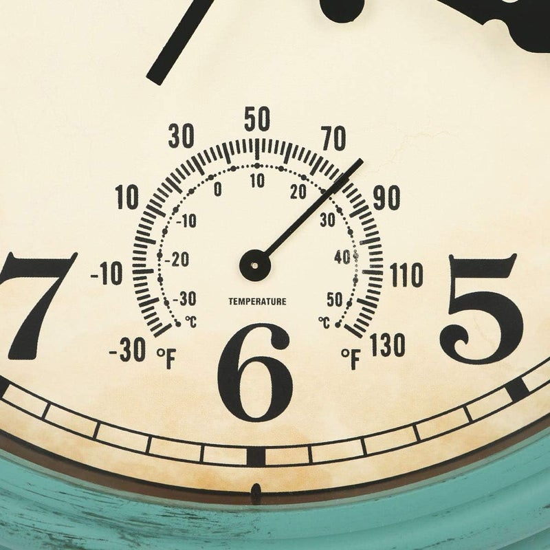 YUMTIM 12 Inch Indoor/Outdoor Retro Waterproof Wall Clock with Thermometer,Vintage Battery Operated Silent Non Ticking Quartz Clock Wall Decorative for Kitchen/Bedroom/Living Room/Bathroom/Patio-Olive green - Image 3