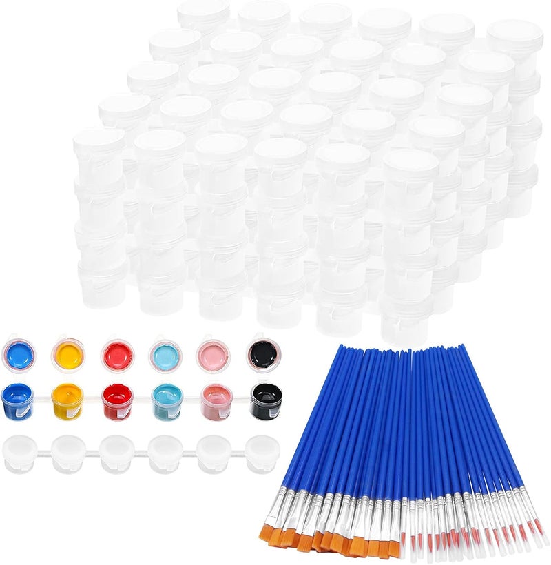 Draupnir 20 Strips 120 Pots Empty Paint Pots Strips With Lid Mini Clear Storage Containers and 40 Pieces Paint Brushes Painting Arts Crafts Supplies for Classrooms Schools Paintings Art Festivals - Image 1