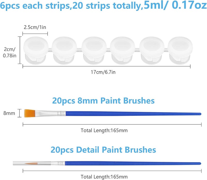 Draupnir 20 Strips 120 Pots Empty Paint Pots Strips With Lid Mini Clear Storage Containers and 40 Pieces Paint Brushes Painting Arts Crafts Supplies for Classrooms Schools Paintings Art Festivals - Image 2