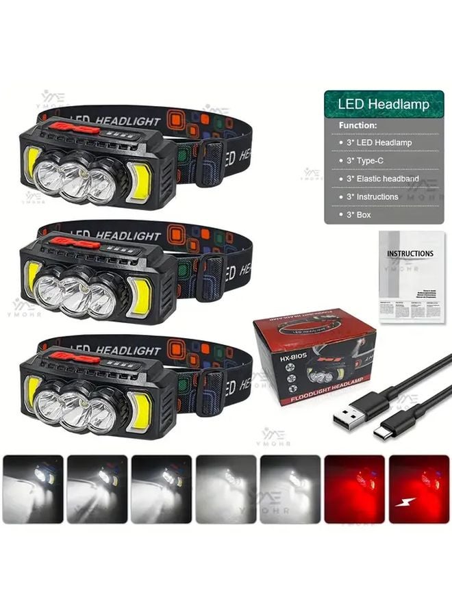 Black Multi Function LED Headlamp USB Rechargeable 7 Modes Built in Battery for Camping Fishing - Image 1