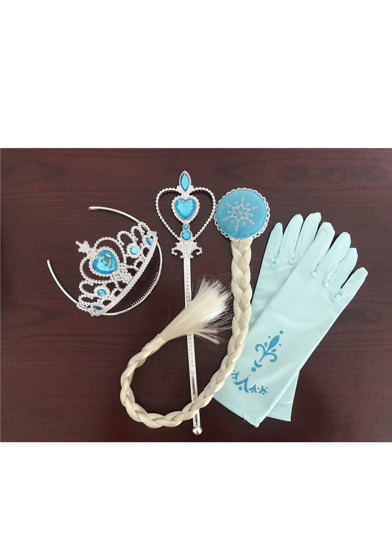 Rally Princess Dress-Up Accessories Set for Girls – Silver Crown with Blue Gems + Magic Wand + Blonde Braid + Long Gloves – Suitable for Parties - Image 3