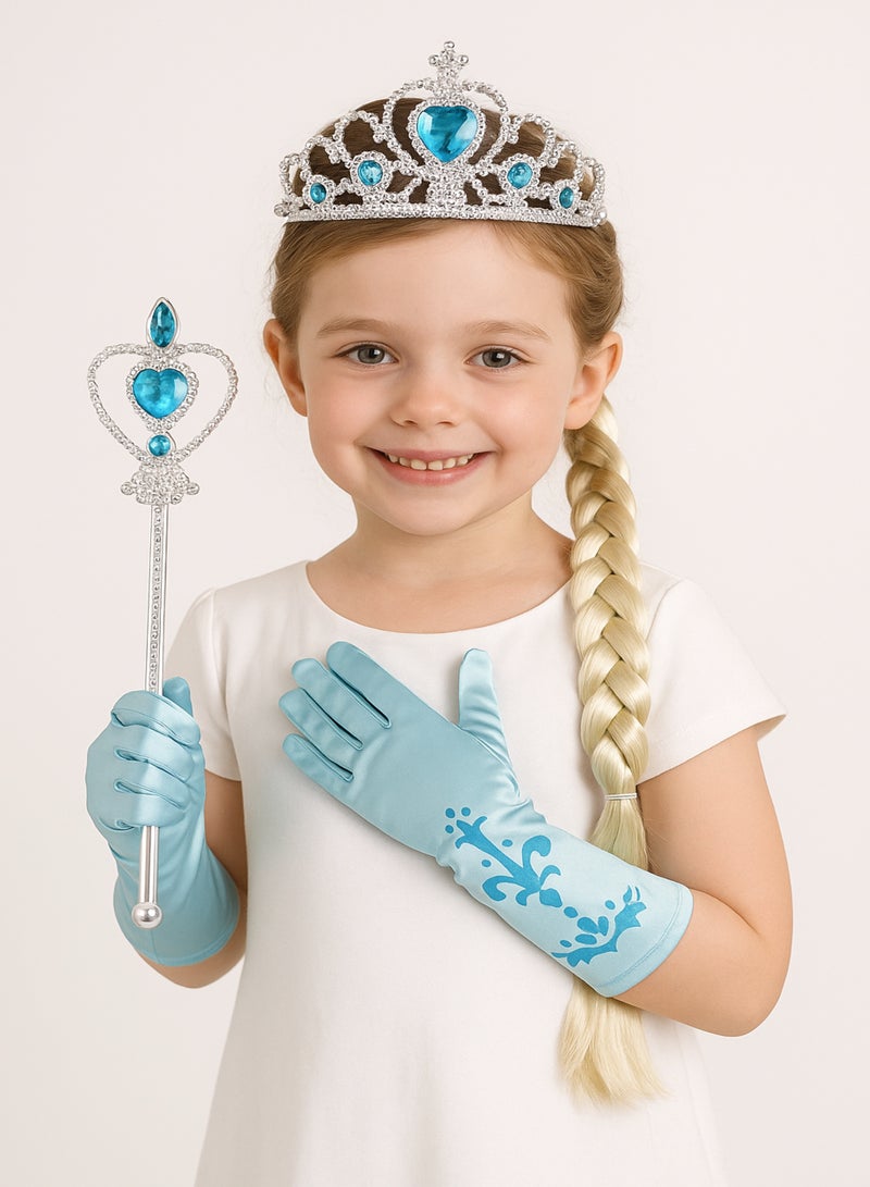 Rally Princess Dress-Up Accessories Set for Girls – Silver Crown with Blue Gems + Magic Wand + Blonde Braid + Long Gloves – Suitable for Parties - Image 1