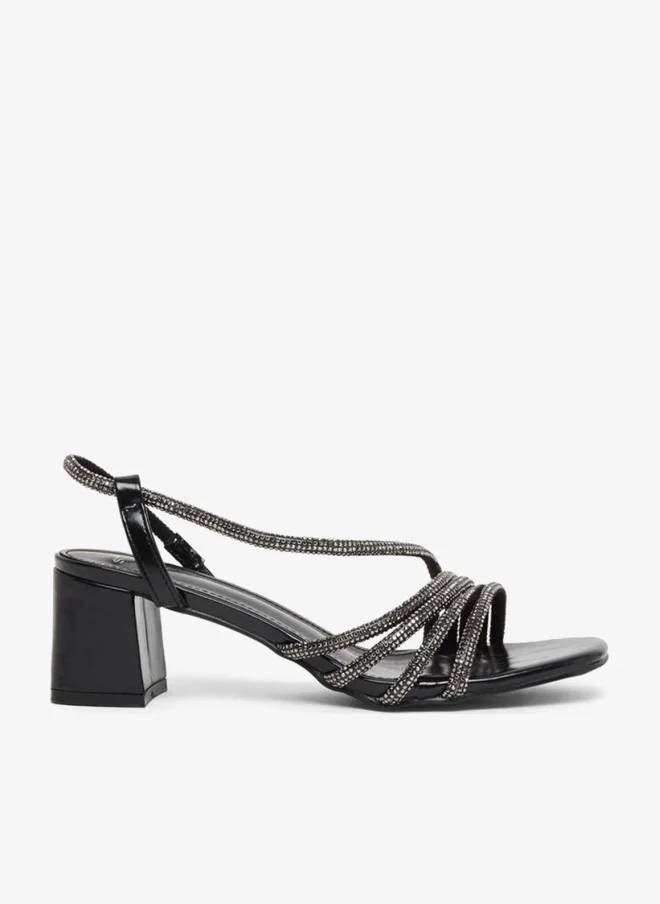 Styli Black Rhinestone Strappy Low Heel Sandals