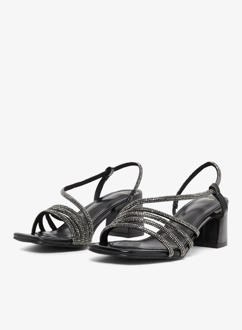 Styli Black Rhinestone Strappy Low Heel Sandals