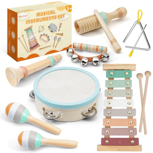 LeeQee Montessori Toys for 1 2 3 Year Old Wooden Toys Baby Musical Instruments Neutral Colors Percussion Instruments Set with Modern Boho Xylophone for Toddlers 3 Music Education - Image 1