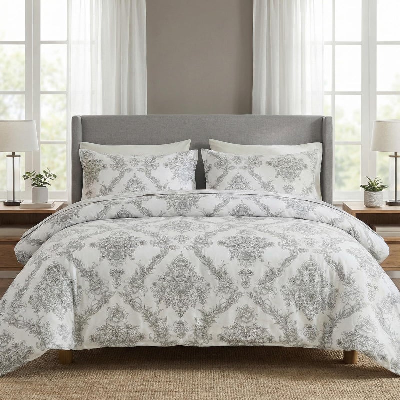 Cozaline 100% Cotton Duvet Cover Set Queen Size â€“ Elegant Damask Print, Soft & Breathable Bedding with Zipper and Corner Ties, 3-Piece Reversible Comforter Cover Set - Image 3