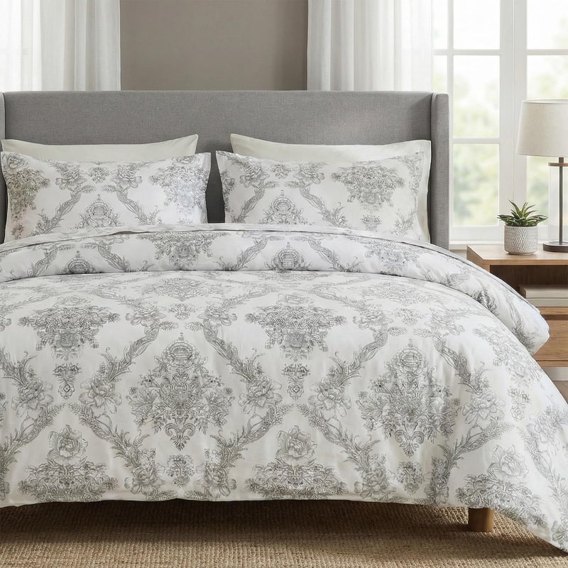 Cozaline 100% Cotton Duvet Cover Set Queen Size â€“ Elegant Damask Print, Soft & Breathable Bedding with Zipper and Corner Ties, 3-Piece Reversible Comforter Cover Set - Image 1