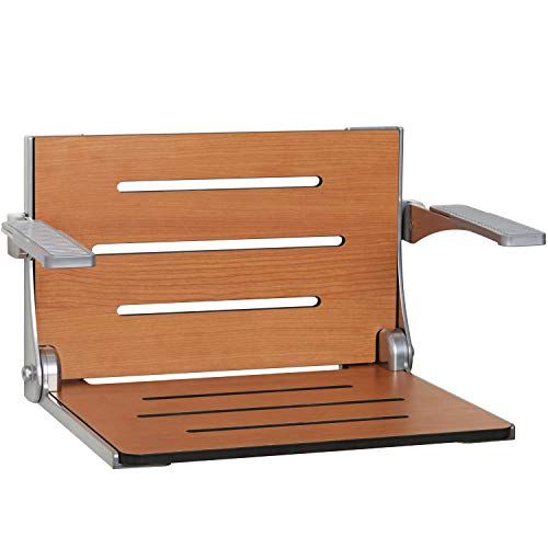 Seachrome Silhouette Comfort Folding Wall Mount Shower Bench Seat with Arms, Teak Seat with Silver Frame - Image 1