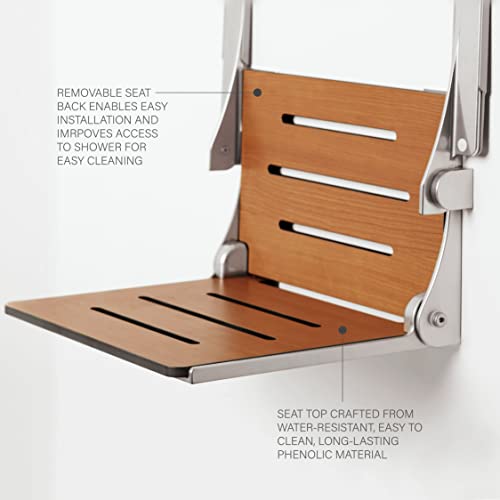 Seachrome Silhouette Comfort Folding Wall Mount Shower Bench Seat with Arms, Teak Seat with Silver Frame - Image 5
