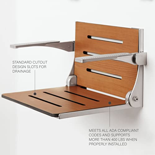 Seachrome Silhouette Comfort Folding Wall Mount Shower Bench Seat with Arms, Teak Seat with Silver Frame - Image 3