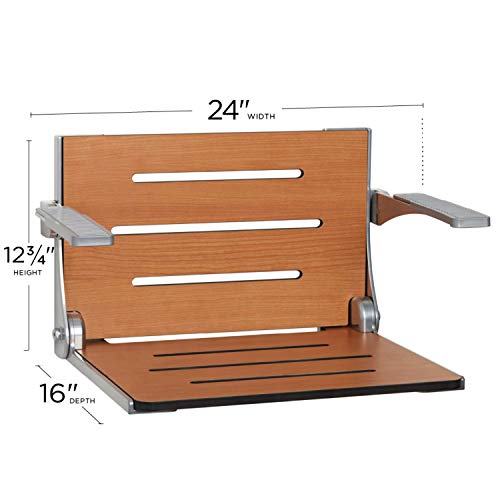 Seachrome Silhouette Comfort Folding Wall Mount Shower Bench Seat with Arms, Teak Seat with Silver Frame - Image 2