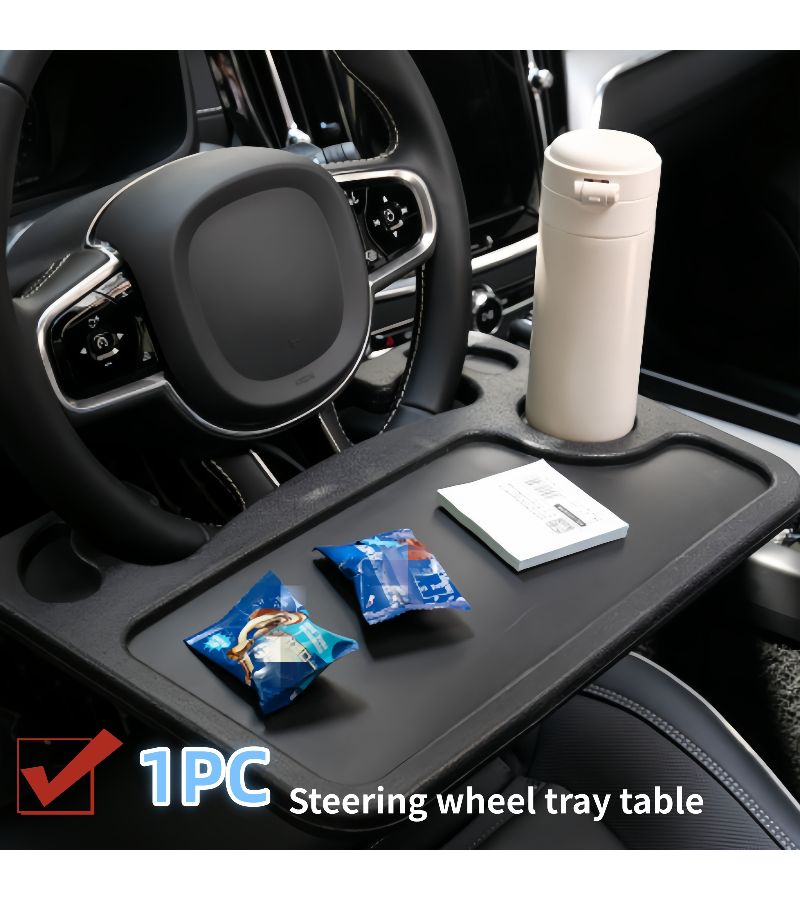 1pc 2 In 1 Car Steering Wheel Tray Black Desktop Organizer Laptop Table With Cup Holder High Strength Structure For Sedans Trucks SUVs Multifunctional Office Reading Car Organization Easy Exquisite Style - Image 1