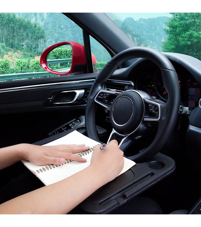 1pc 2 In 1 Car Steering Wheel Tray Black Desktop Organizer Laptop Table With Cup Holder High Strength Structure For Sedans Trucks SUVs Multifunctional Office Reading Car Organization Easy Exquisite Style - Image 2