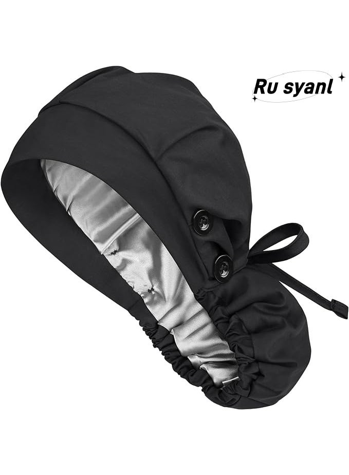 Ru syanl Satin-Lined Bouffant Scrub Cap for Women – Long Hair & Ponytail Protection, Surgical Nurse Cap with 4 Buttons - Image 1