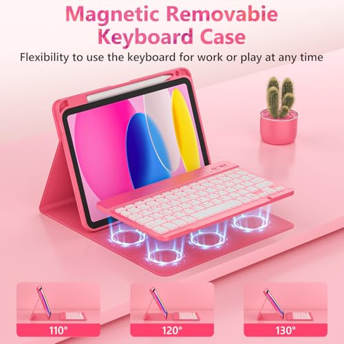 FUWANG for iPad A16 11th 10th Generation Case with Keyboard - Backlit Detachable Keyboard Marble Folio Cover with Pencil Holder for iPad 11th Gen 11-inch 2025 & 10th Generation 10.9 Inch 2022, Pink - Image 3