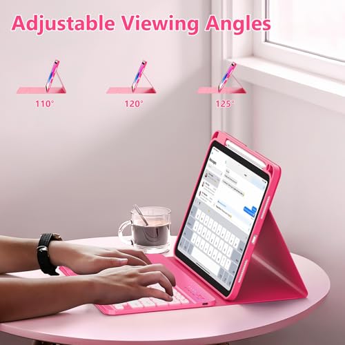 FUWANG for iPad A16 11th 10th Generation Case with Keyboard - Backlit Detachable Keyboard Marble Folio Cover with Pencil Holder for iPad 11th Gen 11-inch 2025 & 10th Generation 10.9 Inch 2022, Pink - Image 4