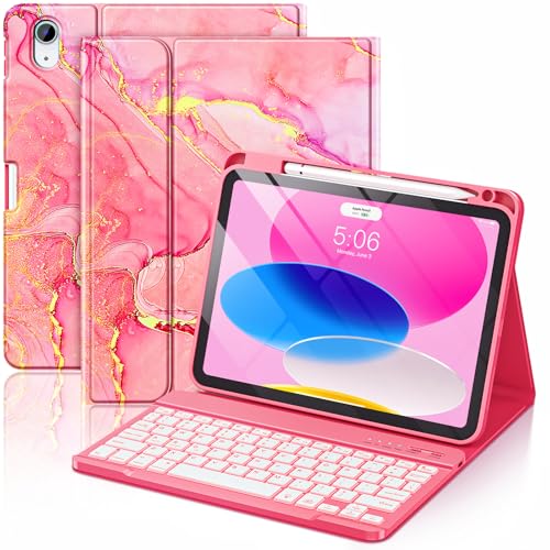 FUWANG for iPad A16 11th 10th Generation Case with Keyboard - Backlit Detachable Keyboard Marble Folio Cover with Pencil Holder for iPad 11th Gen 11-inch 2025 & 10th Generation 10.9 Inch 2022, Pink - Image 1