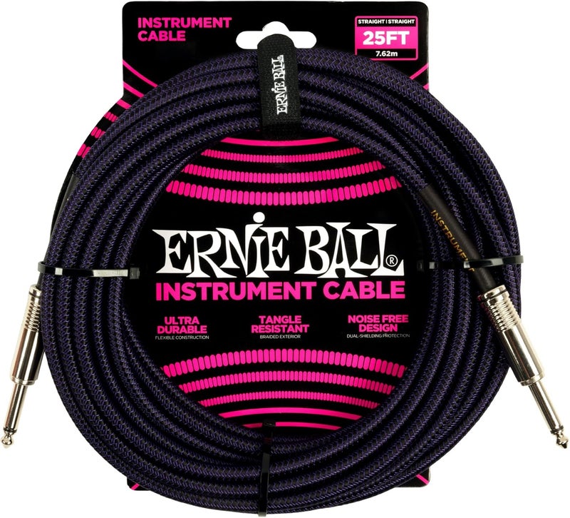 Ernie Ball 25ft Braided Instrument Cable - Purple/Black - Image 1