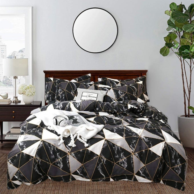 BLACK WHITE MARBLE KING SIZE COMFORTER SET TRIANGLE PLAID BEDDING COMFORTER SET ALL SEASON GEOMETRIC COMFORTER WITH 2 PILLOWCASES