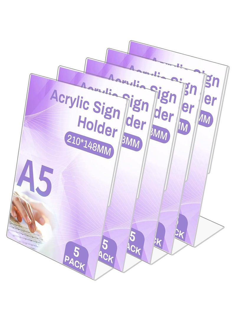 TPGP A5 Acrylic Sign Holder,5 Pack L-Shape Vertical Slant Back A5 Perspex Display Stands, A5 Acrylic Poster Menu Holder, Clear Plastic Display Holders Stands for Table Restaurant Hotel Documents Office - Image 1