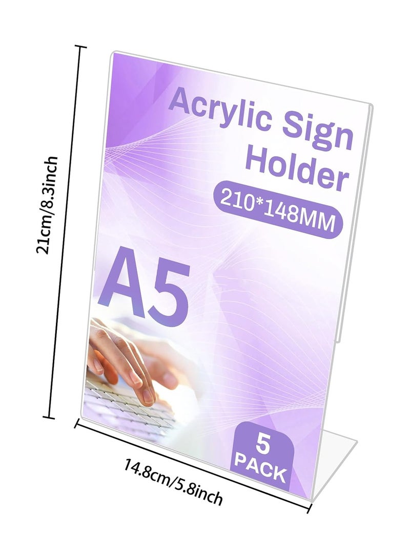 TPGP A5 Acrylic Sign Holder,5 Pack L-Shape Vertical Slant Back A5 Perspex Display Stands, A5 Acrylic Poster Menu Holder, Clear Plastic Display Holders Stands for Table Restaurant Hotel Documents Office - Image 2
