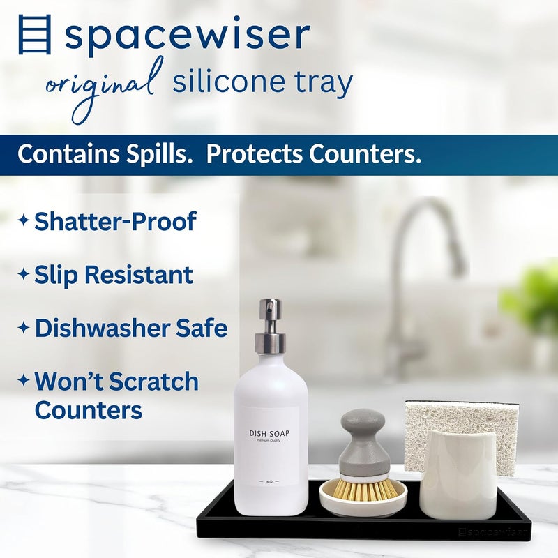 Spacewiser صينية سطح العمل وصينية الزينة من سبيس وايزر - قطعتان كبيرتان 11.7 بوصة منظم حمام سيليكون، حامل صابون الأطباق والإسفنج منظم حوض المطبخ، صينية حمام مرنة، حامل فرشاة الأسنان وصابون الحوض - Image 2