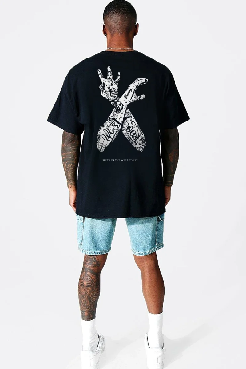 روك اند رول Tattooed Arms Black Short Sleeve Front and Back Printed Oversize Men's T-Shirt