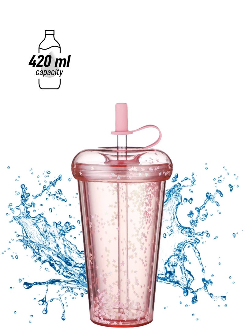 كابتن تيك Double-Walled Straw Drinking Cup, 420ml Reusable Coffee Cup with Lid and Straw for Juice, Coffee, Smoothies, Latte, Macchiato, Whiskey, Ideal Gift - Image 1