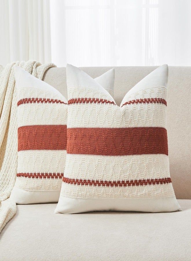 GriNeed Throw Pillow Covers Set of 2 18x18 Inch Boho Pillow Covers, Soft Neutral Cotton Rust Decorative Fall Case for Couch Sofa Bed Living Room, Home Modern Woven Farmhouse Cute Decor - Image 2