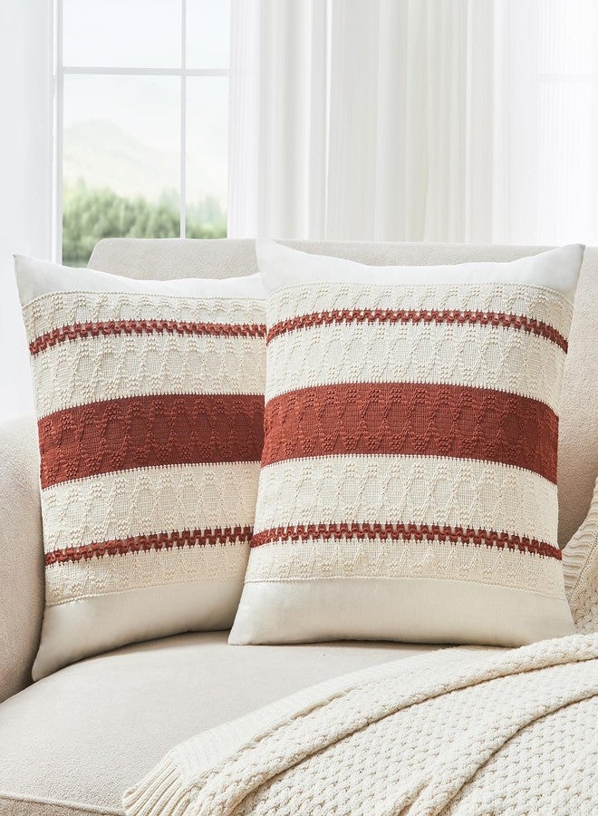 GriNeed Throw Pillow Covers Set of 2 18x18 Inch Boho Pillow Covers, Soft Neutral Cotton Rust Decorative Fall Case for Couch Sofa Bed Living Room, Home Modern Woven Farmhouse Cute Decor - Image 1