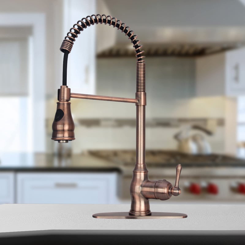 Akicon Antique Copper PreRinse Spring Kitchen Faucet Single Level Solid Brass Kitchen Sink Faucets with Pull Down Sprayer