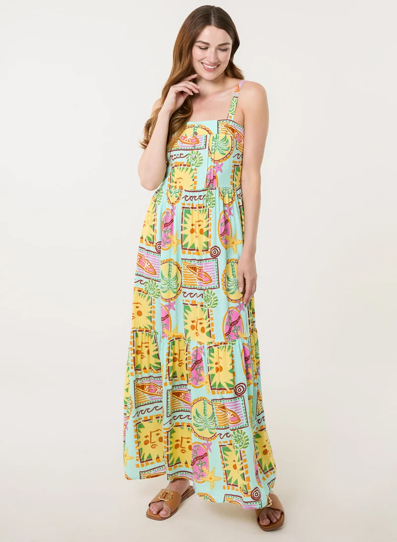 Blue Vanilla Tropical Print Strappy Maxi Dress