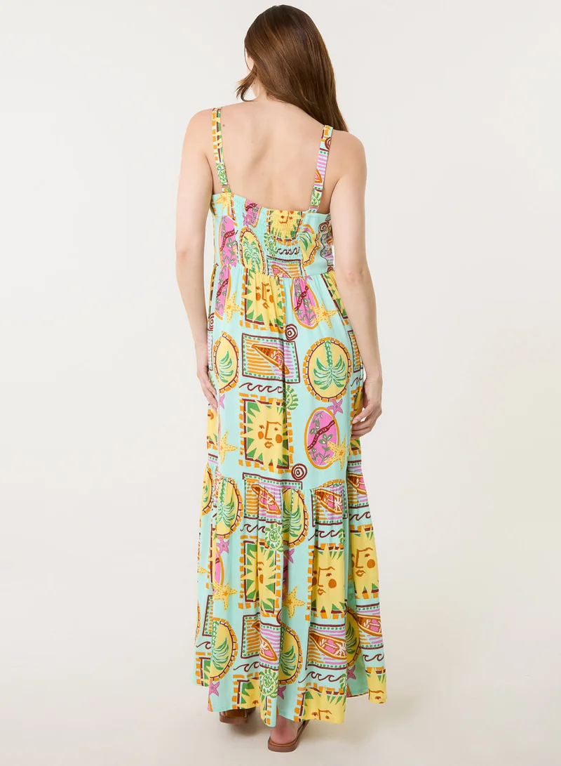 Blue Vanilla Tropical Print Strappy Maxi Dress