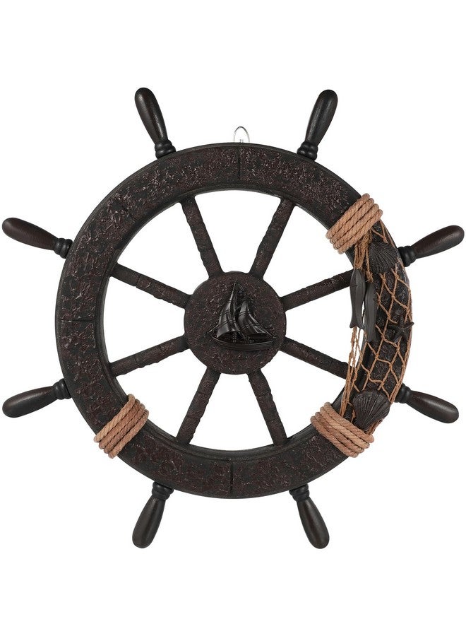 ULTNICE Nautical Wheel Decor Rustic Boat Steering Wheel Fishing Net Wall Sculpture Rudder Hanging Ornament Mediterranean Style Nautical Captain Rudder for Home Beach Theme Decor - Image 1