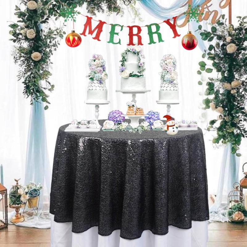 ShinyBeauty 48-Inch Round Black Glitter & Sequin Tablecloth for Parties, Weddings, and Decoration
