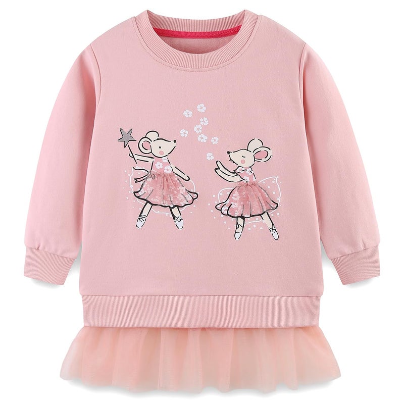 Bumeex Kids Little Girls Sweatshirts Clothes Outfits Cotton Cute Long Sleeve Pullover Casual Shirt With Tulle Hem Tops Outfits Tunic Clothing for Daily School Playwear Pink Ballerina Mouse Size 6 - Image 1