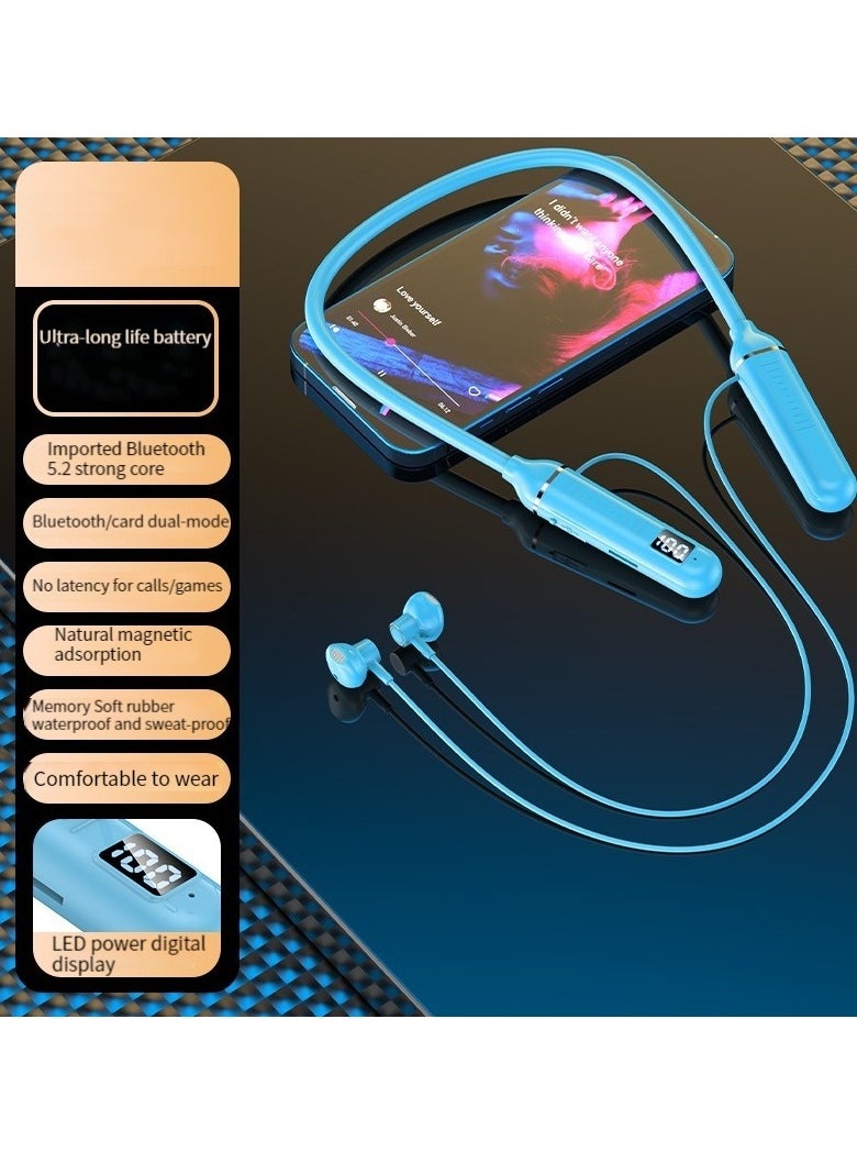 Generic Digital display neck-worn wireless bluetooth headset multi-functional large capacity semi-in-ear sports stereo hanging neck headset (blue)  - Image 1