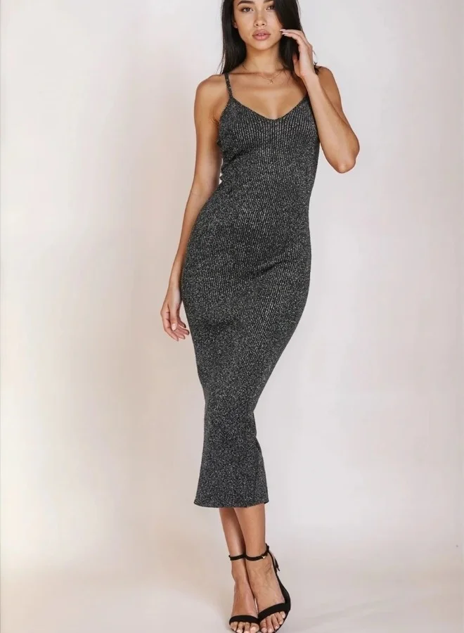 Little Mistress Black Metallic Knit Ribbed Midi Dress