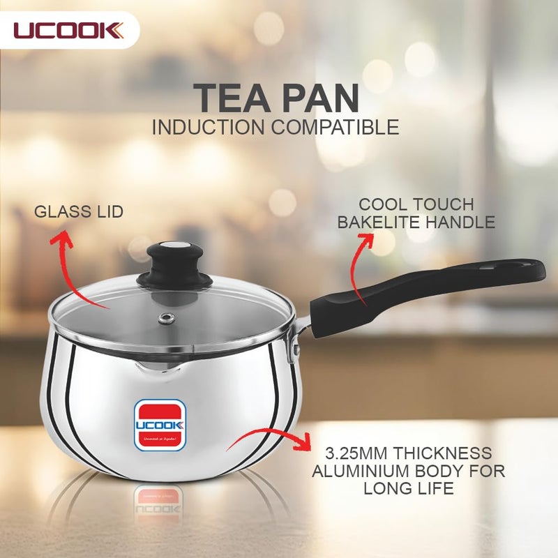 UCOOK by United Ekta Group1.5 Litre Tea Pan, Sauce Pan and Milk Pan with Glass Lid Induction Base Aluminium, Silver - Image 4