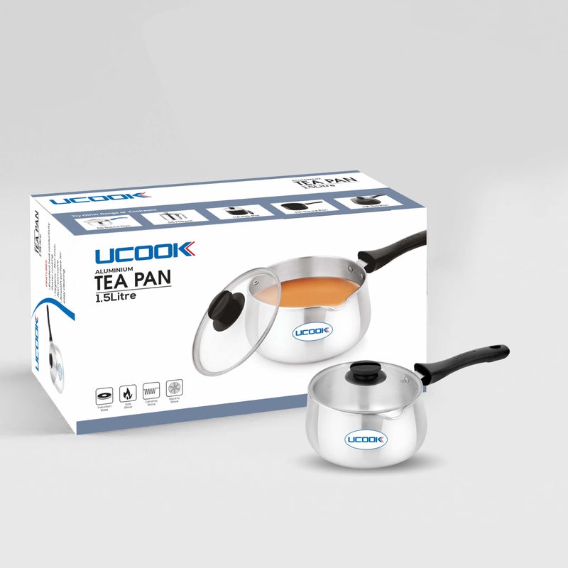 UCOOK by United Ekta Group1.5 Litre Tea Pan, Sauce Pan and Milk Pan with Glass Lid Induction Base Aluminium, Silver - Image 1