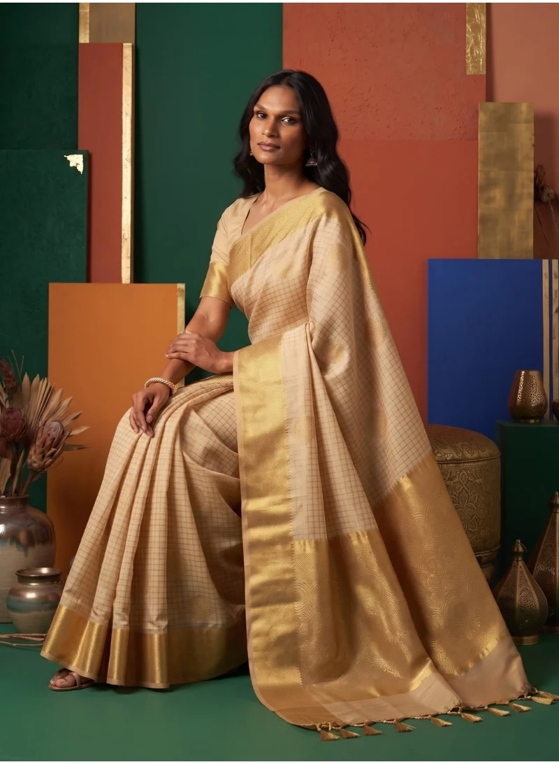Nool  Ponni Gold Kanchipuram Silk Saree with Unstitched Blouse for Women | Best Price UAE