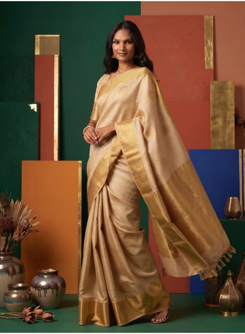 Nool  Ponni Gold Kanchipuram Silk Saree with Unstitched Blouse for Women | Best Price UAE