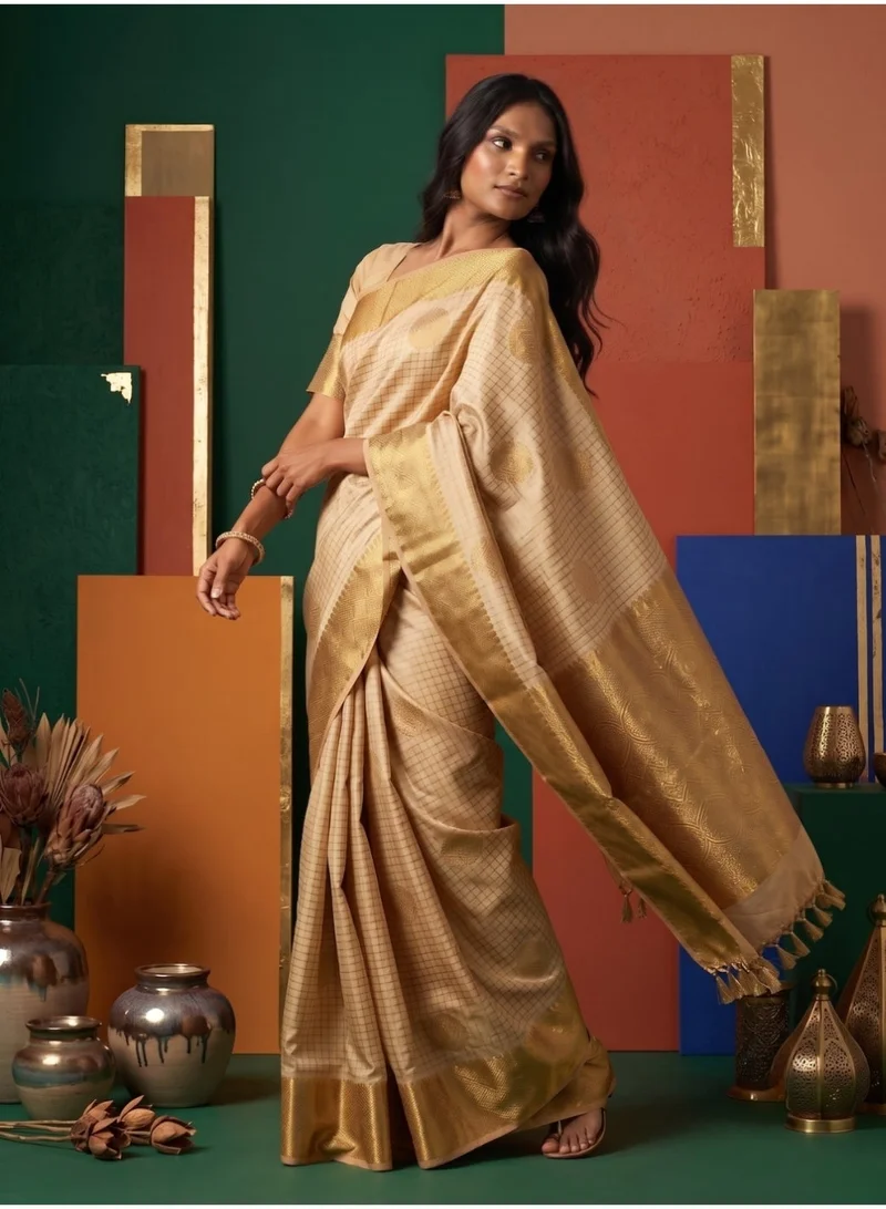 Nool  Ponni Gold Kanchipuram Silk Saree with Unstitched Blouse for Women | Best Price UAE