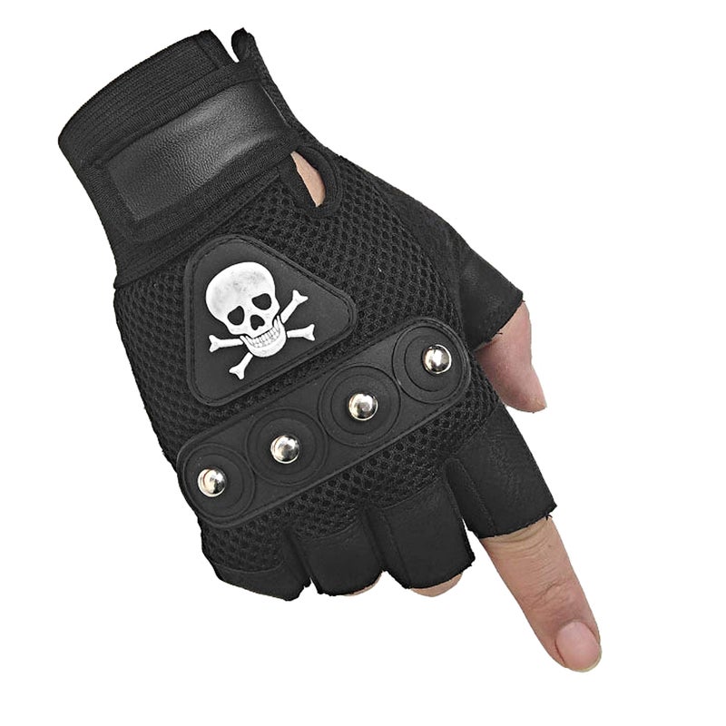 SZTLKHH Men's Punk Rock Biker Gothic Skull Gloves Motorcycle Skeletal Rivet Cycling Driving Fingerless Mitten (Black) - Image 1