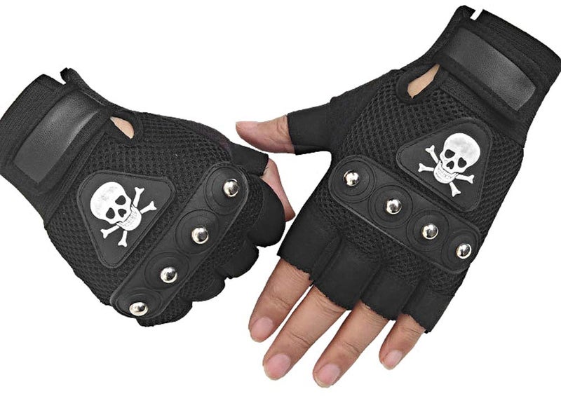 SZTLKHH Men's Punk Rock Biker Gothic Skull Gloves Motorcycle Skeletal Rivet Cycling Driving Fingerless Mitten (Black) - Image 4