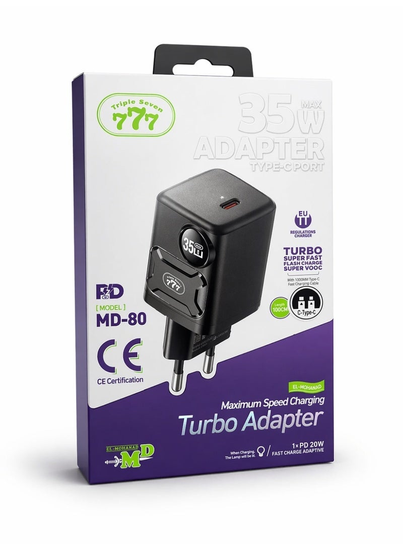 777 شاحن  MD-80 – شحن سريع 35 واط – منفذ Type-C – شحن توربو SUPER VOOC – يدعم PD 20 واط – مع كابل USB-C بطول 1 متر - Image 3