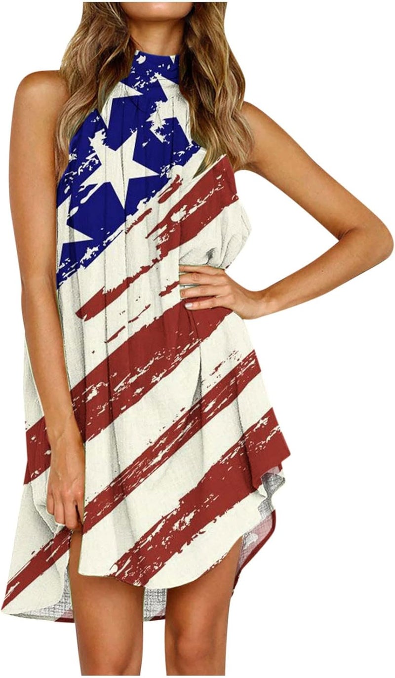 comfrt Women's Halter Neck Sleeveless Mini Dress July 4th American Flag Print Sun Dress Flowy Ruffle Hem Pleated Beach Dress - Image 1