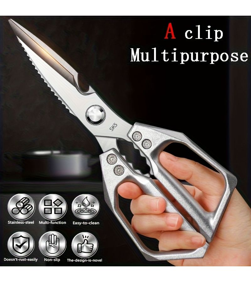 Kitchen Scissors Silvery Stainless Steel Sharp Multi Functional Heavy Duty Bone Cutter For Meat Poultry Barbecue Family Restaurant BBQ And Kitchen Supplies Also Good For Opening Bags And Bottles - Image 2