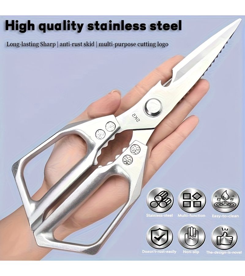 Kitchen Scissors Silvery Stainless Steel Sharp Multi Functional Heavy Duty Bone Cutter For Meat Poultry Barbecue Family Restaurant BBQ And Kitchen Supplies Also Good For Opening Bags And Bottles - Image 1